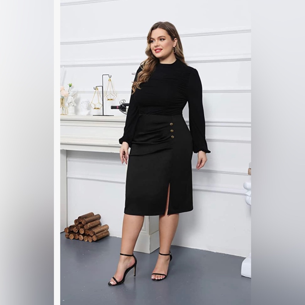 Hanna Nikole Plus Size Ruched Midi Slit High Waisted Business Pencil Skirt 20